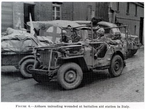 Aidmen unloading wounded at batallion aid station in Italy Aidmen unloading wounded at batallion aid station in Italy